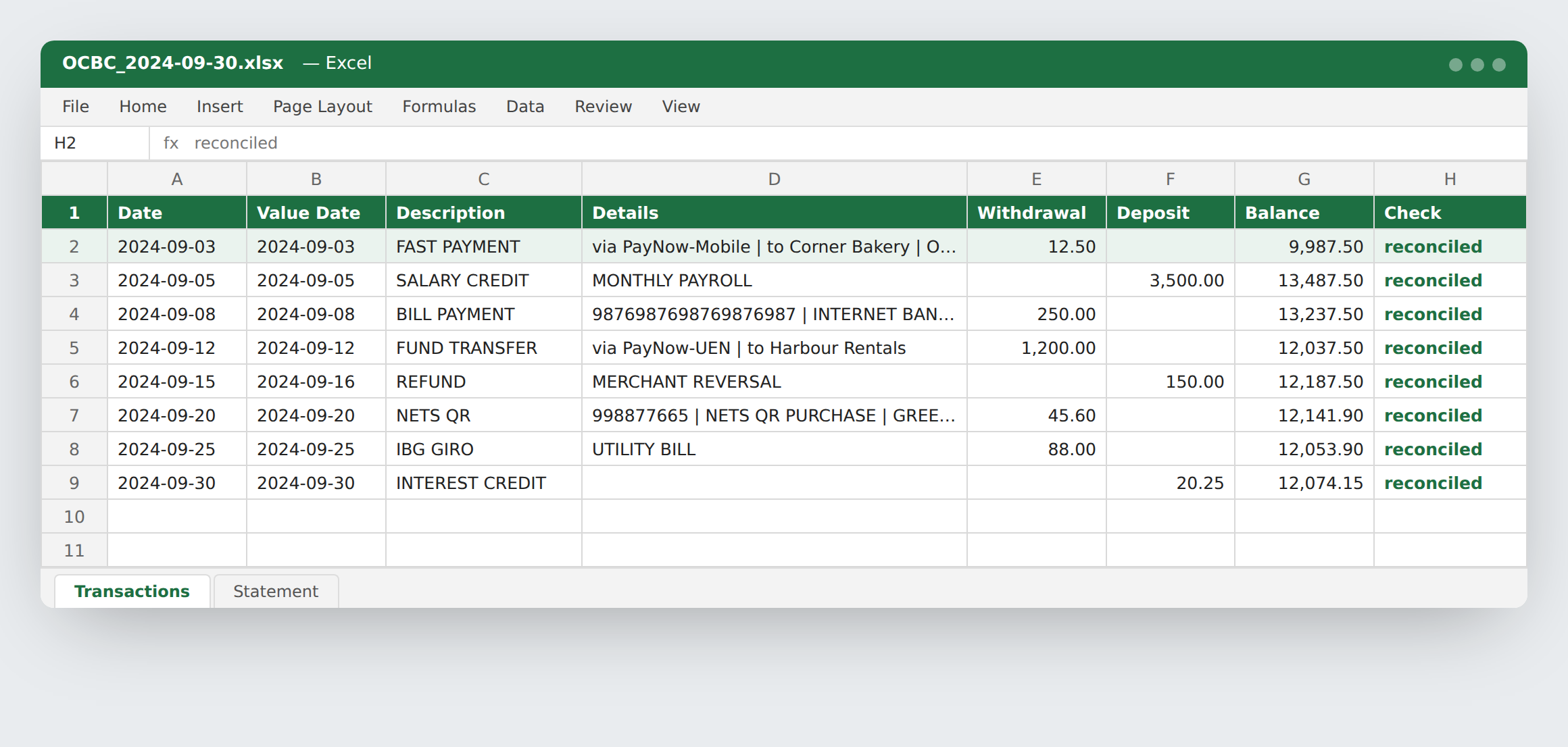 The converted statement open in Excel, one row per transaction with a reconciled check column