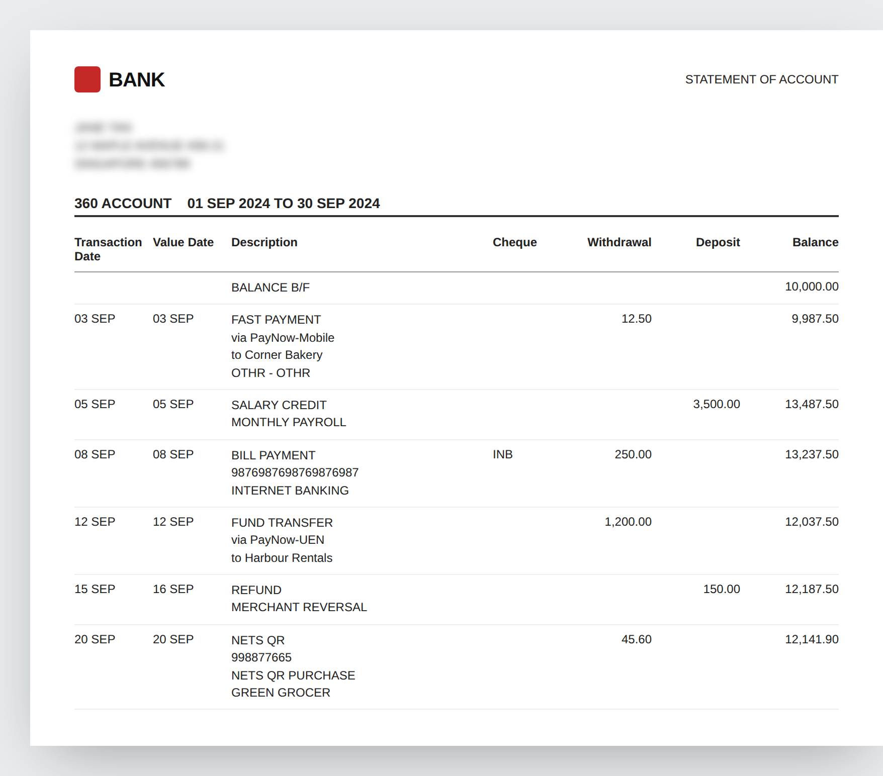 A bank statement PDF with multi-line transaction descriptions